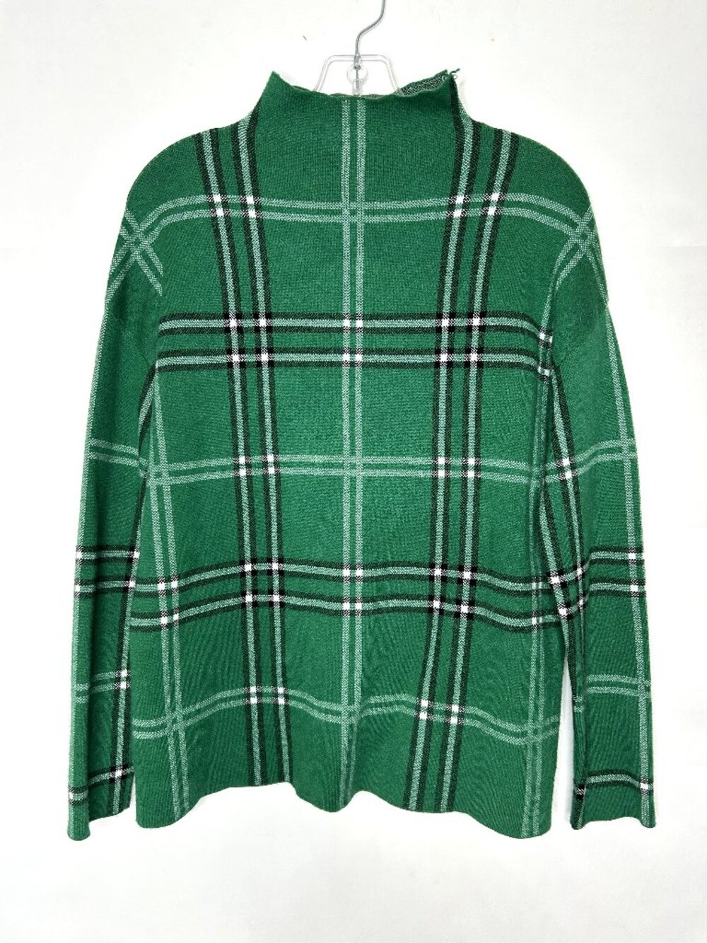 Nicole Miller New York Women’s Sweater Top M Plaid Mock Neck Plaid Green Black